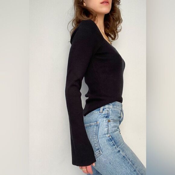 Frame NWT Silk Blend Bell Sleeve Square Neck Rib Knit Fitted Black S MSRP $278 - Picture 3 of 8